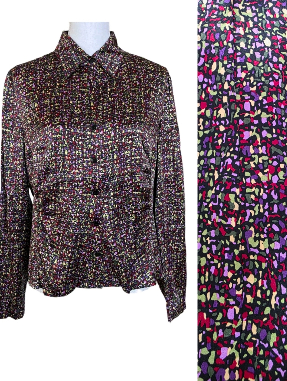 Talbots 100% Silk Abstract Print Blob Confetti Long Sleeve Blouse Size 12